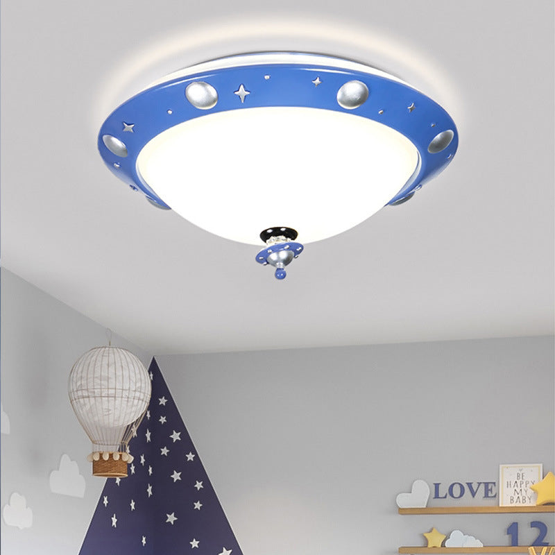 Blue UFO Kids Room LED Ceiling Flush Mount Light with White Glass Shade