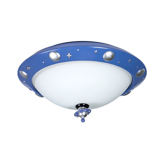 Blue UFO Kids Room LED Ceiling Flush Mount Light with White Glass Shade