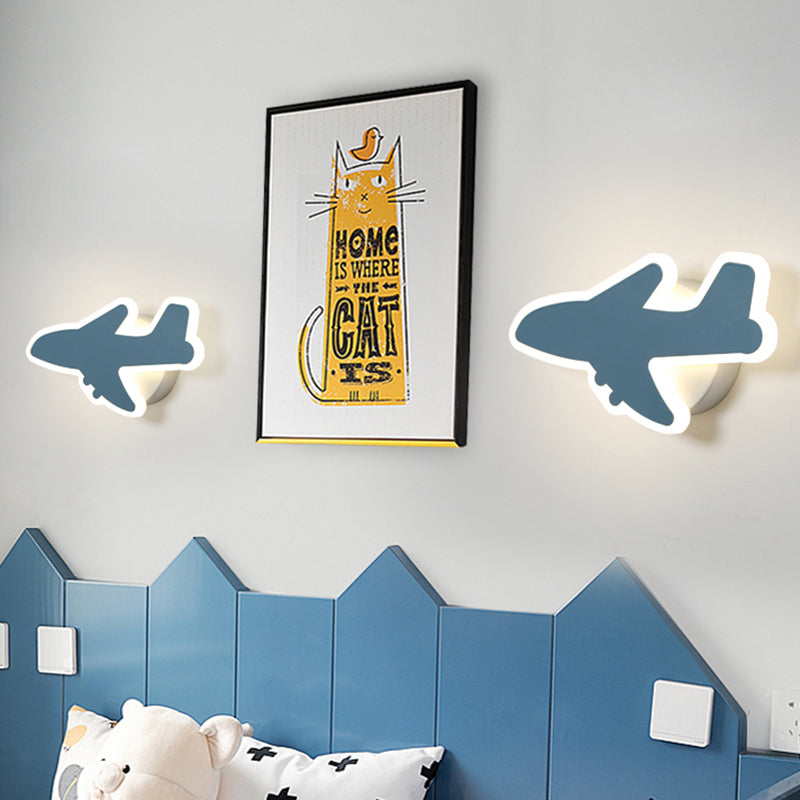 Cartoon LED Wall Sconce - Jet Kids Bedroom Flush Mount Lighting in White/Blue
