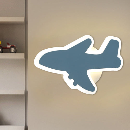 Cartoon LED Wall Sconce - Jet Kids Bedroom Flush Mount Lighting in White/Blue