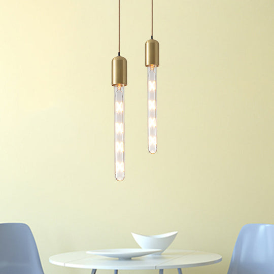 Gold Slim Tube Pendant - Modern Clear Glass Hanging Lamp for Dining Table