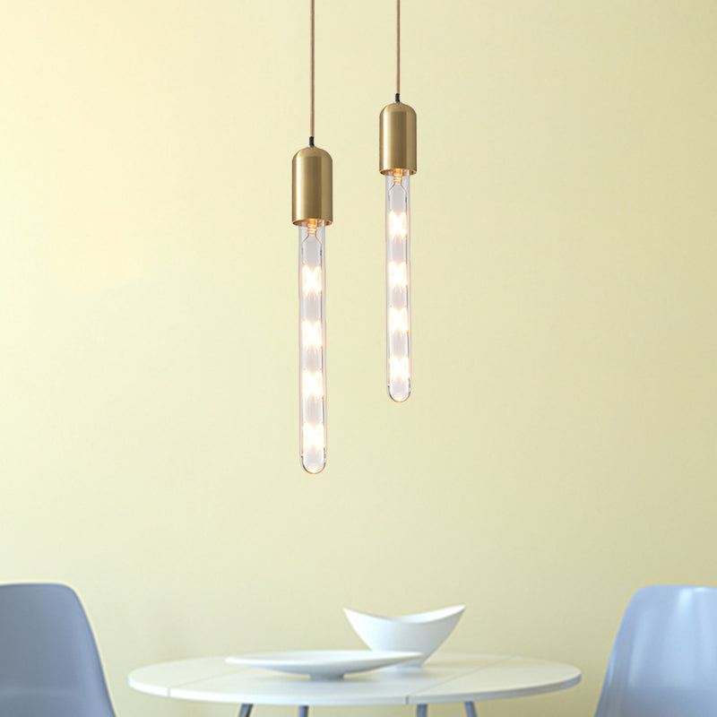 Gold Slim Tube Pendant - Modern Clear Glass Hanging Lamp for Dining Table