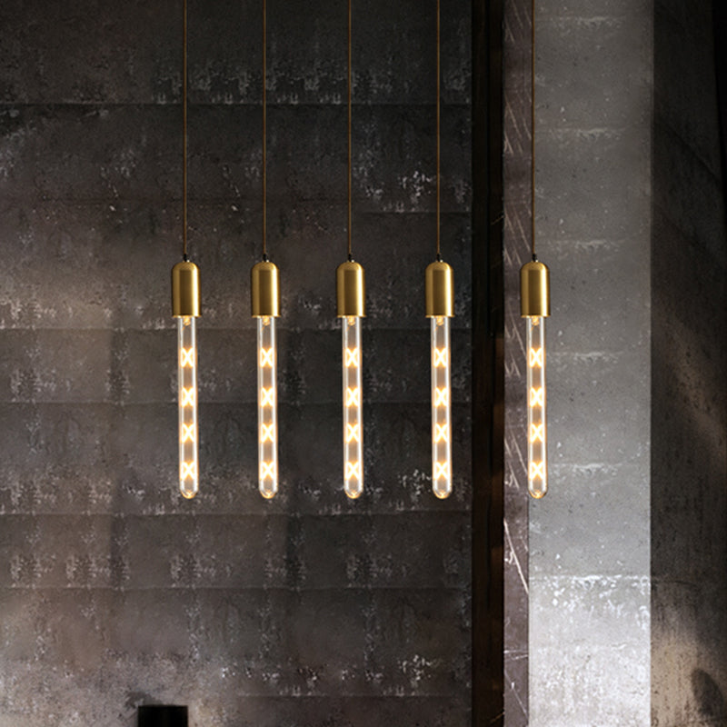 Gold Slim Tube Pendant - Modern Clear Glass Hanging Lamp for Dining Table