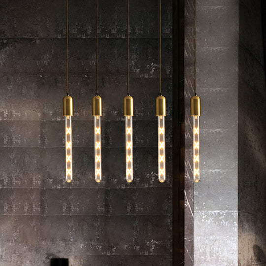 Gold Slim Tube Pendant - Modern Clear Glass Hanging Lamp for Dining Table