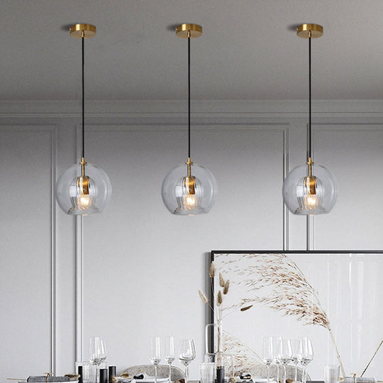 Gold Globe Double Shade Hanging Light Pendant for Dining Room - Clear Glass, 1 Bulb, 6"/8" Wide