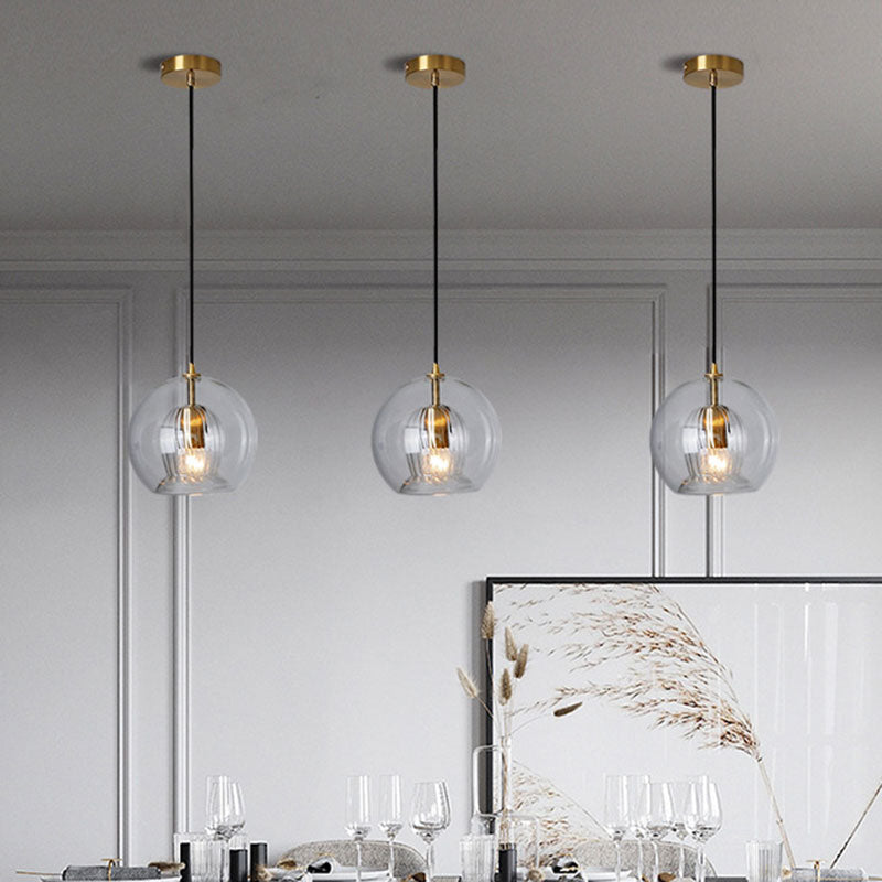 Gold Globe Double Shade Hanging Light Pendant for Dining Room - Clear Glass, 1 Bulb, 6"/8" Wide