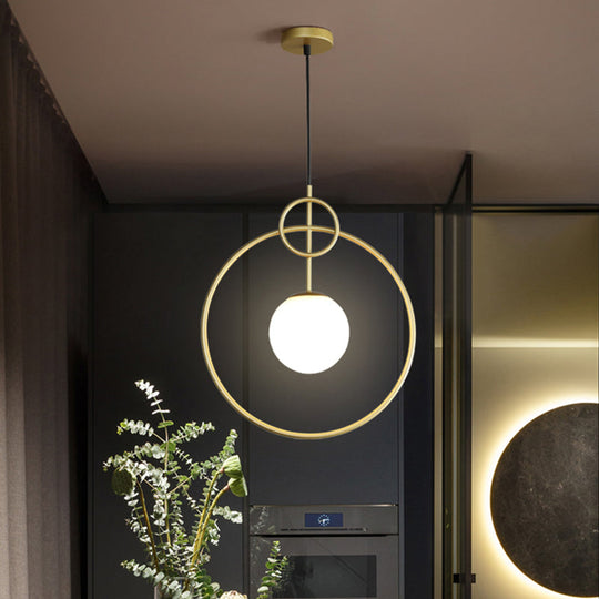 Postmodern Milk Glass Ball Pendant Light Fixture, Gold Circles - 1-Light Dining Room Ceiling Lamp