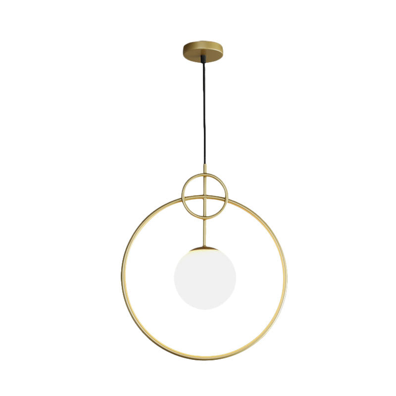 Postmodern Milk Glass Ball Pendant Light Fixture, Gold Circles - 1-Light Dining Room Ceiling Lamp