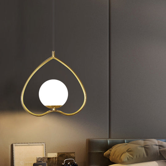 Modern Gold Pendant Light with Heart-Shaped Down Lighting, Metal Frame, and Opal Glass Shade