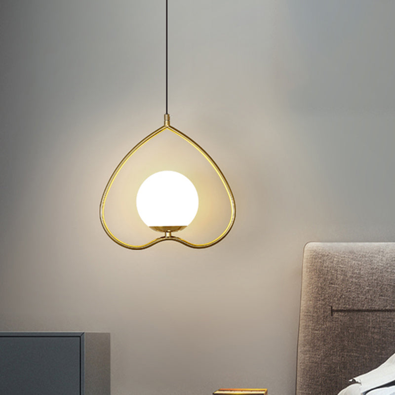 Modern Gold Pendant Light with Heart-Shaped Down Lighting, Metal Frame, and Opal Glass Shade