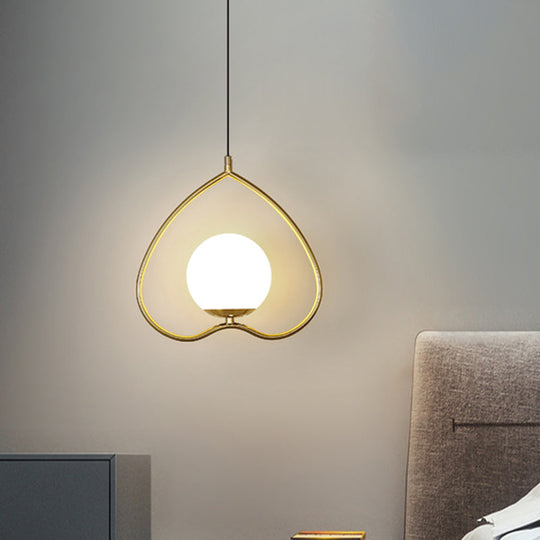 Modern Gold Pendant Light with Heart-Shaped Down Lighting, Metal Frame, and Opal Glass Shade