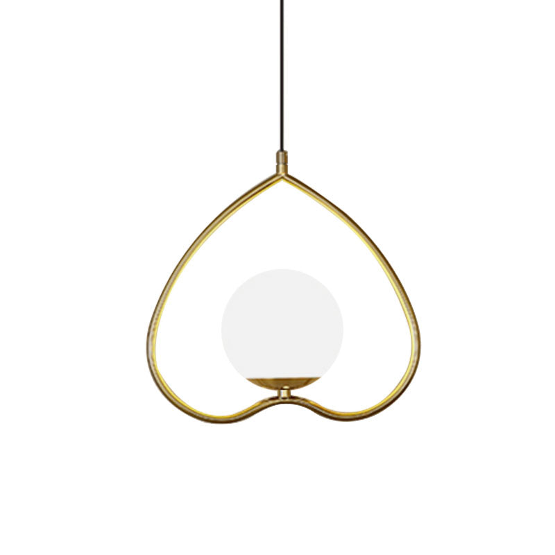 Modern Gold Pendant Light with Heart-Shaped Down Lighting, Metal Frame, and Opal Glass Shade