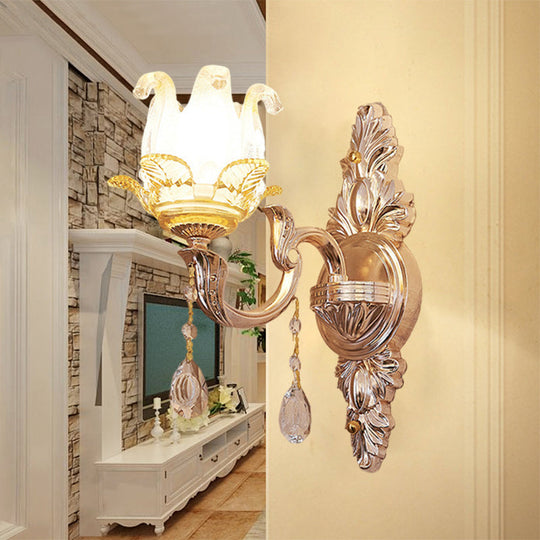 Gold Floral Bedroom Sconce with Crystal Glass for Traditional Wall Lighting