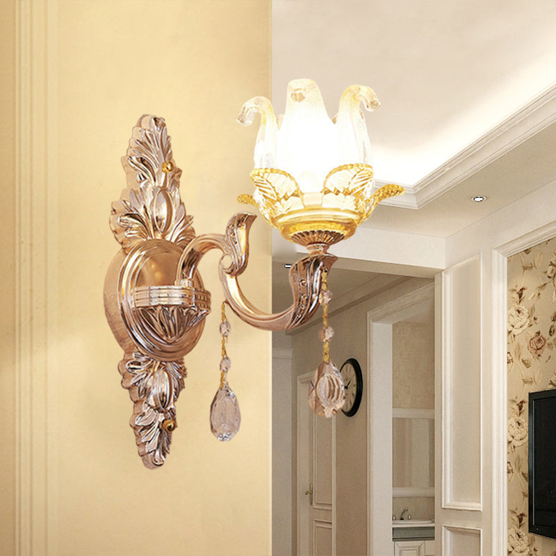 Gold Floral Bedroom Sconce with Crystal Glass for Traditional Wall Lighting