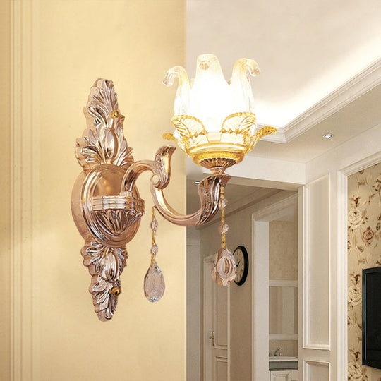 Gold Floral Bedroom Sconce with Crystal Glass for Traditional Wall Lighting
