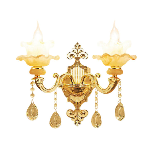 Mid-Century Crystal Glass Wall Lamp Fixture in Gold - 2 Bulbs Candle Style Wall Mount Lighting