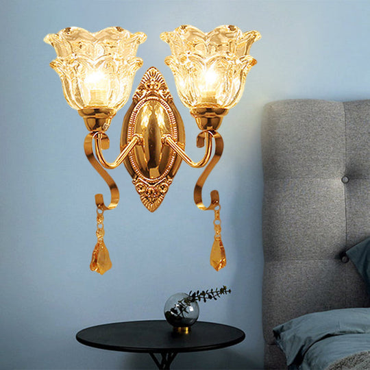 Traditional Wall Sconce Lamp Fixture: Gold 2-Light Clear Crystal Glass Flower Shade Wall Lighting