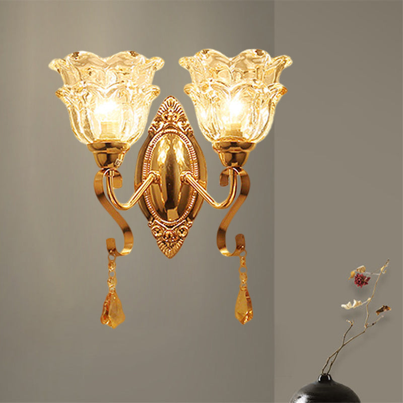 Traditional Wall Sconce Lamp Fixture: Gold 2-Light Clear Crystal Glass Flower Shade Wall Lighting