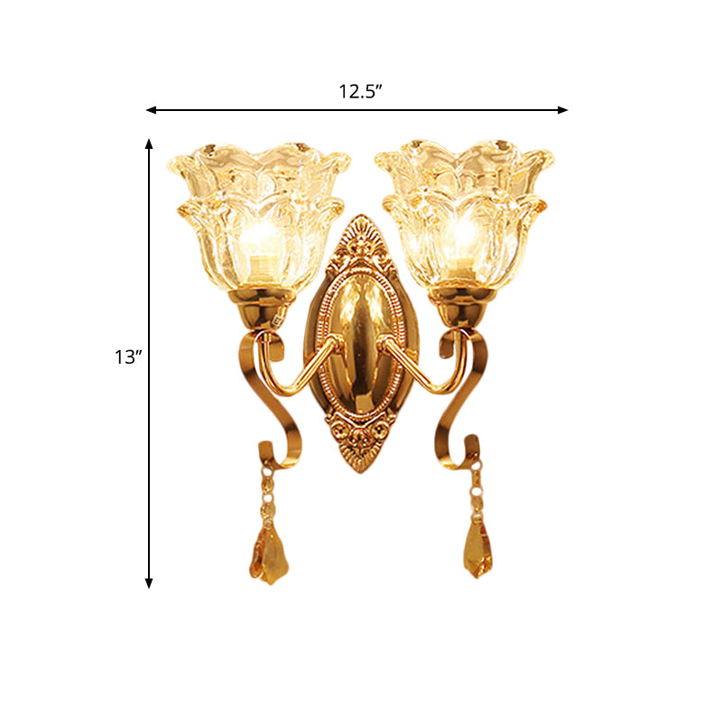 Traditional Wall Sconce Lamp Fixture: Gold 2-Light Clear Crystal Glass Flower Shade Wall Lighting