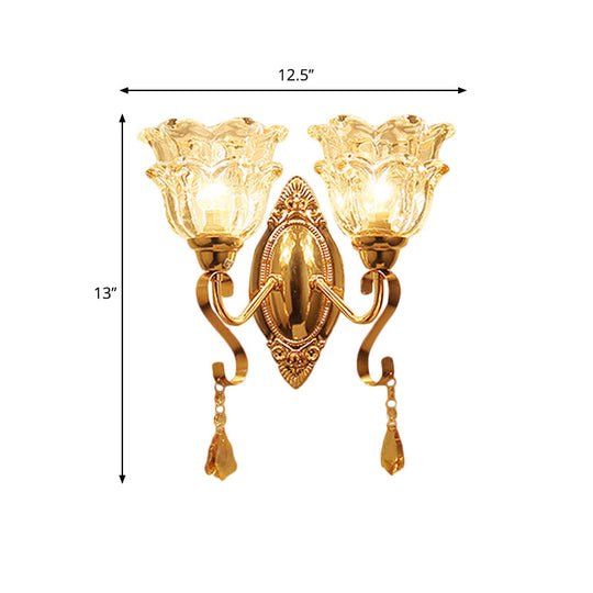 Traditional Wall Sconce Lamp Fixture: Gold 2-Light Clear Crystal Glass Flower Shade Wall Lighting