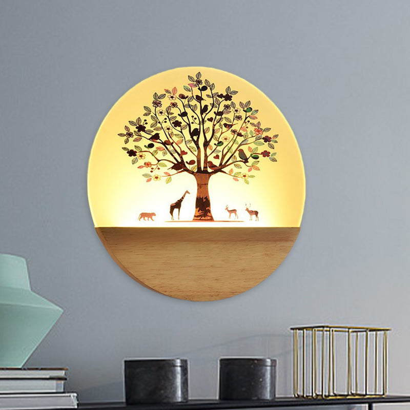 Nordic LED Wall Light with Wood Tree and Animal/Flowering Tree Print Design, Acrylic Shade Included
