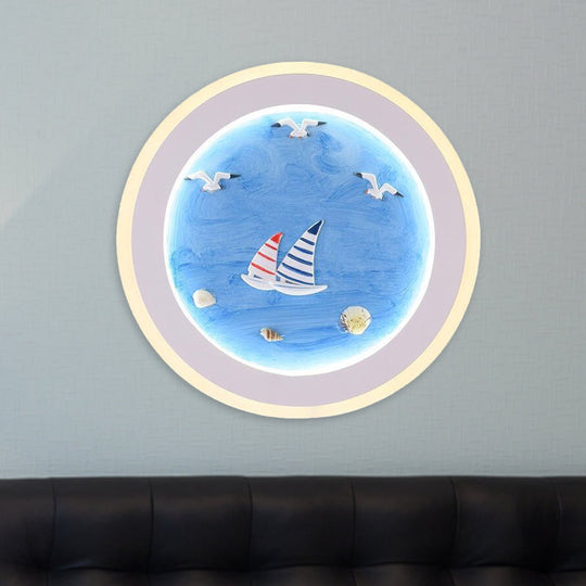 Nautical Striped Sailing Ship LED Wall Lamp for Kids Room in Blue