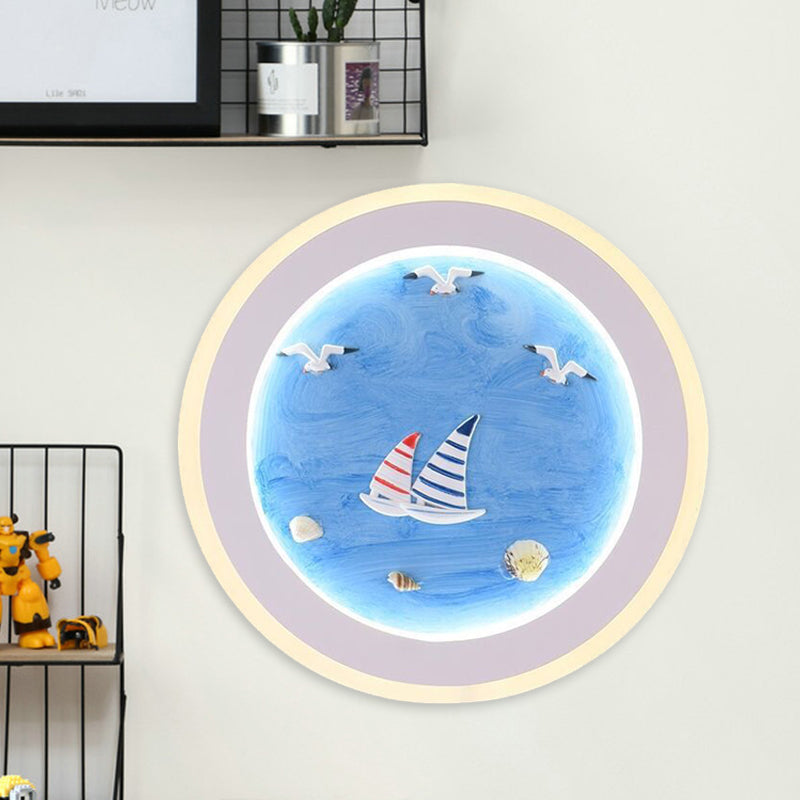 Nautical Striped Sailing Ship LED Wall Lamp for Kids Room in Blue