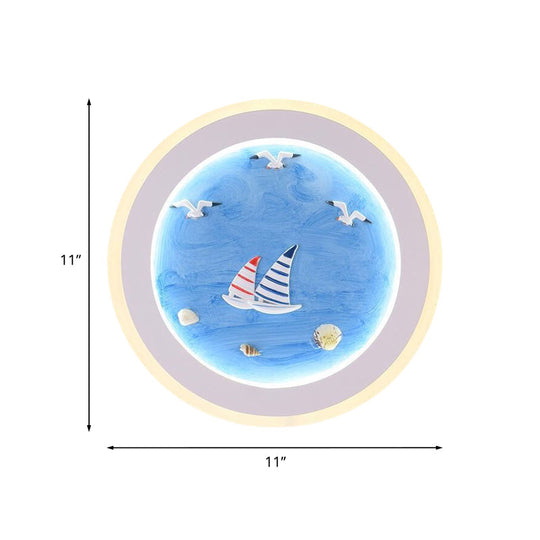 Nautical Striped Sailing Ship LED Wall Lamp for Kids Room in Blue