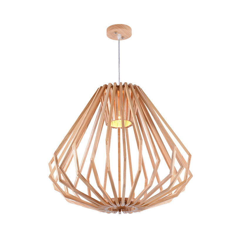 Diamond Cafe Pendant Light - Asian Style Wood Suspension, 1 Head - Beige