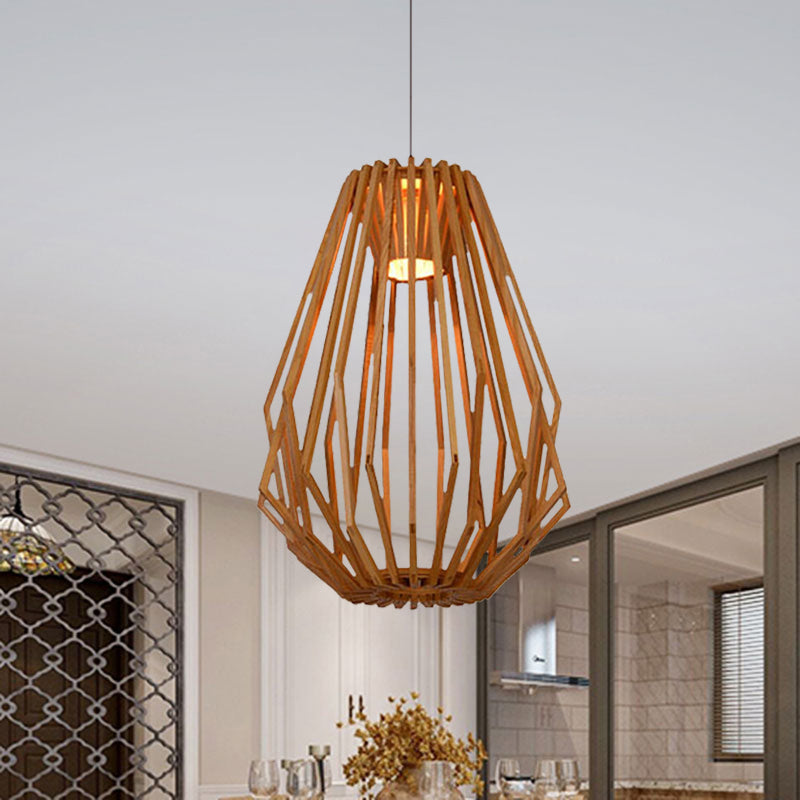 Diamond Cafe Pendant Light - Asian Style Wood Suspension, 1 Head - Beige
