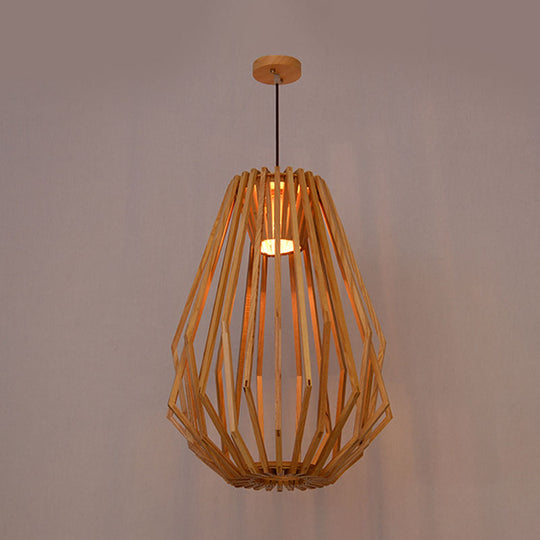 Diamond Cafe Pendant Light - Asian Style Wood Suspension, 1 Head - Beige