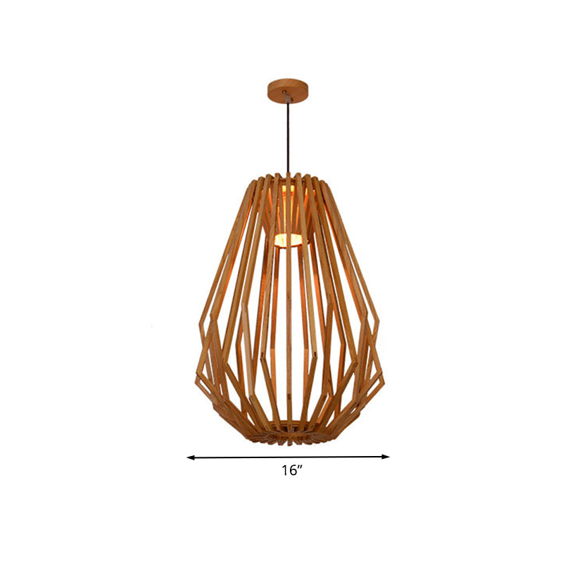 Diamond Cafe Pendant Light - Asian Style Wood Suspension, 1 Head - Beige