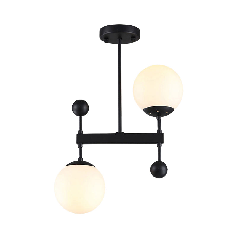 Modern Black/Gold Round Chandelier - 2-Light LED Ceiling Lamp with Milky Glass
