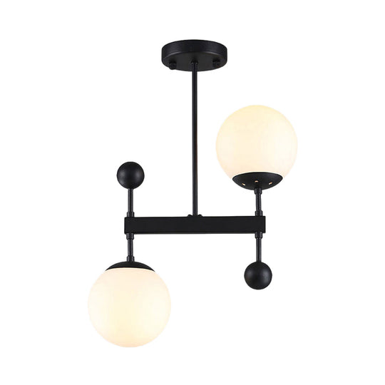 Modern Black/Gold Round Chandelier - 2-Light LED Ceiling Lamp with Milky Glass