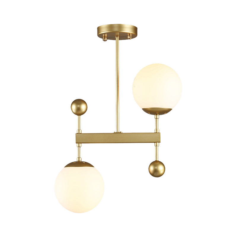 Modern Black/Gold Round Chandelier - 2-Light LED Ceiling Lamp with Milky Glass