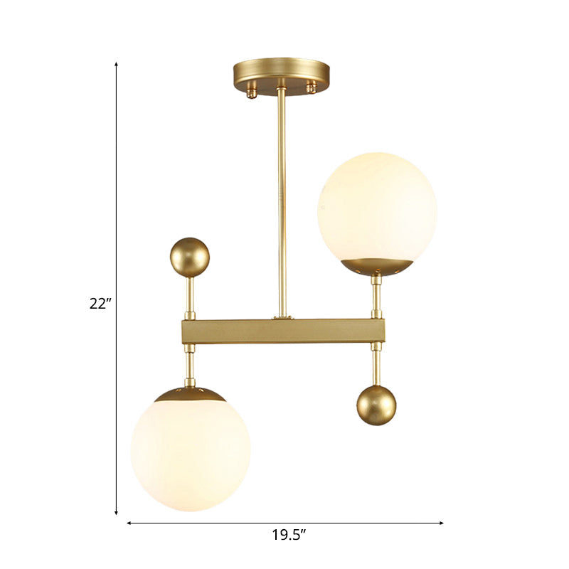 Modern Black/Gold Round Chandelier - 2-Light LED Ceiling Lamp with Milky Glass