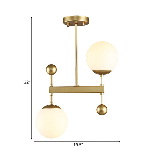 Modern Black/Gold Round Chandelier - 2-Light LED Ceiling Lamp with Milky Glass