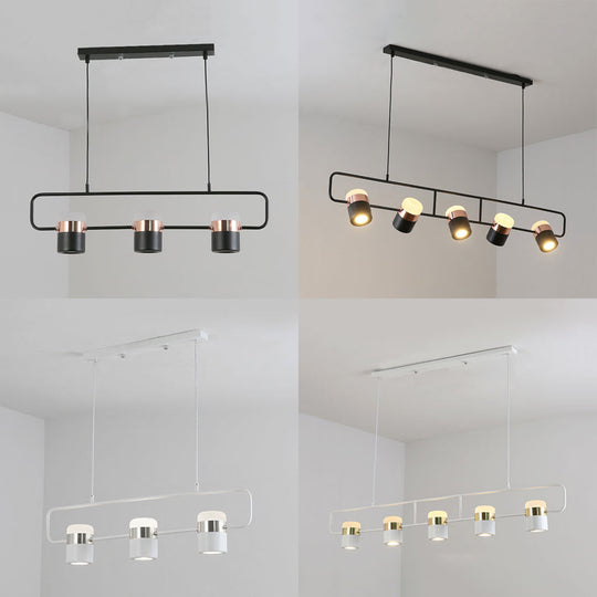 Modern Black/White Linear Island Pendant Lighting - 3/5 Lights, Cylinder Shade, Metal Hanging Light - Warm/White Glow