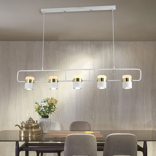 Modern Black/White Linear Island Pendant Lighting - 3/5 Lights, Cylinder Shade, Metal Hanging Light - Warm/White Glow