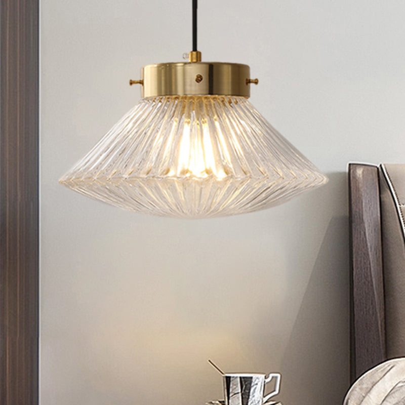 Postmodern Brass Pendant Light with Ribbed Glass Shade