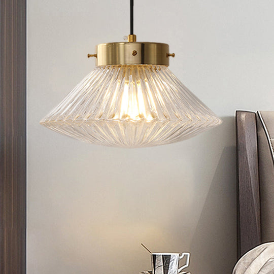 Postmodern Brass Pendant Light with Ribbed Glass Shade