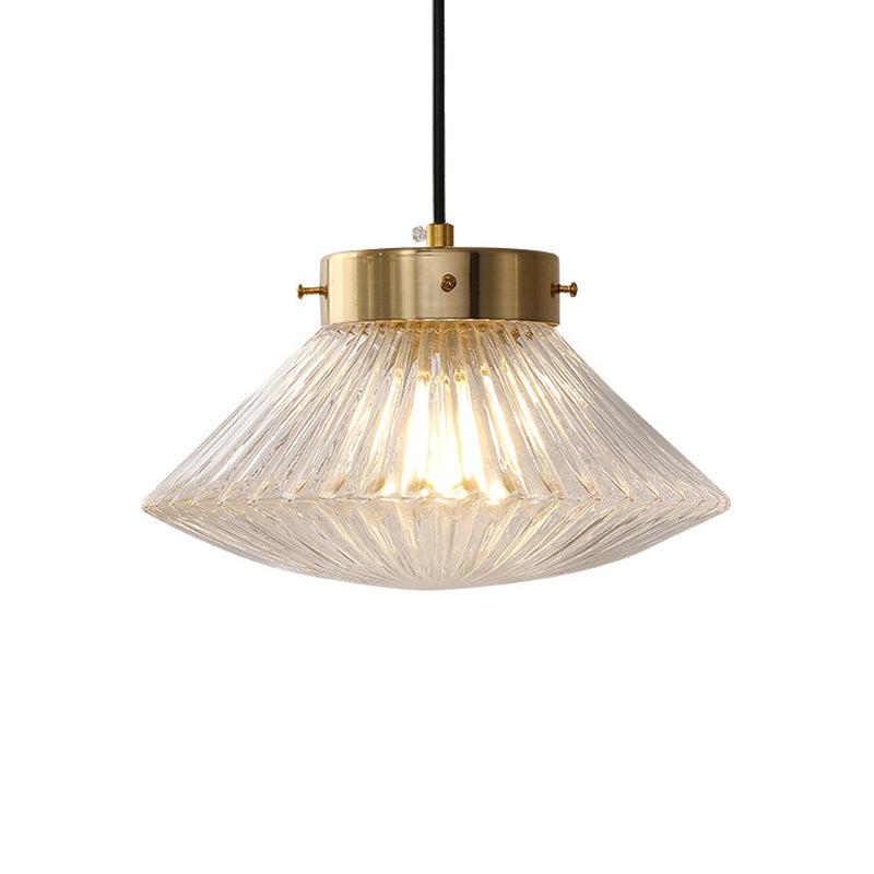 Postmodern Brass Pendant Light with Ribbed Glass Shade