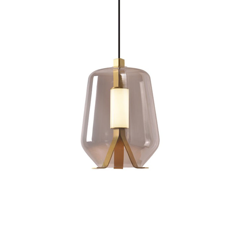 Postmodern Brass Pendant Light with Bottle Smoke Grey/Cognac Glass Shade - Dining Table LED Lighting