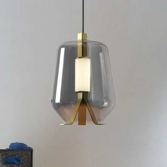Postmodern Brass Pendant Light with Bottle Smoke Grey/Cognac Glass Shade - Dining Table LED Lighting