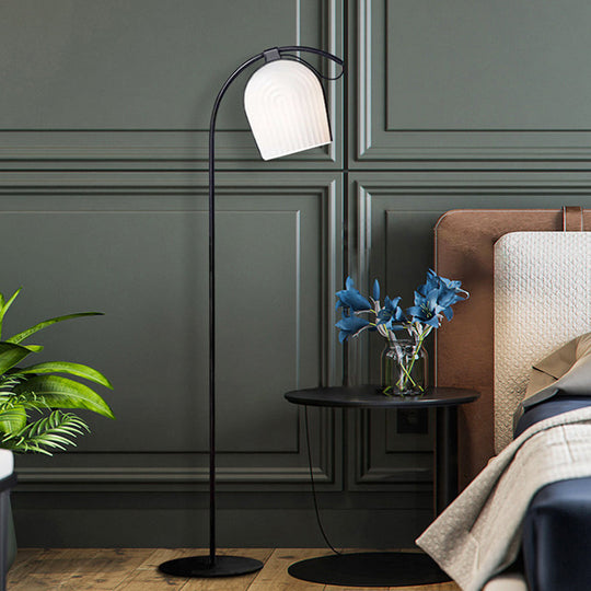 Modernist Black Finish Stand Up Floor Lamp with White Ribbed Glass