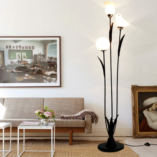 Contemporary 3-Bulb Tree Floor Light with Black/White Stand-Up Lamp and Cream Glass Shade