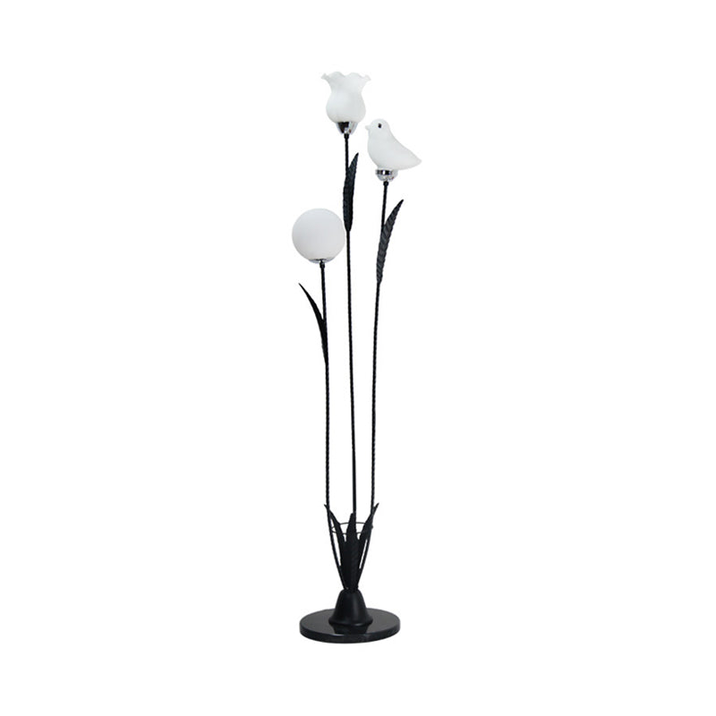 Contemporary 3-Bulb Tree Floor Light with Black/White Stand-Up Lamp and Cream Glass Shade