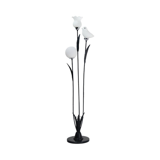 Contemporary 3-Bulb Tree Floor Light with Black/White Stand-Up Lamp and Cream Glass Shade