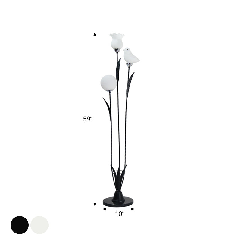 Contemporary 3-Bulb Tree Floor Light with Black/White Stand-Up Lamp and Cream Glass Shade