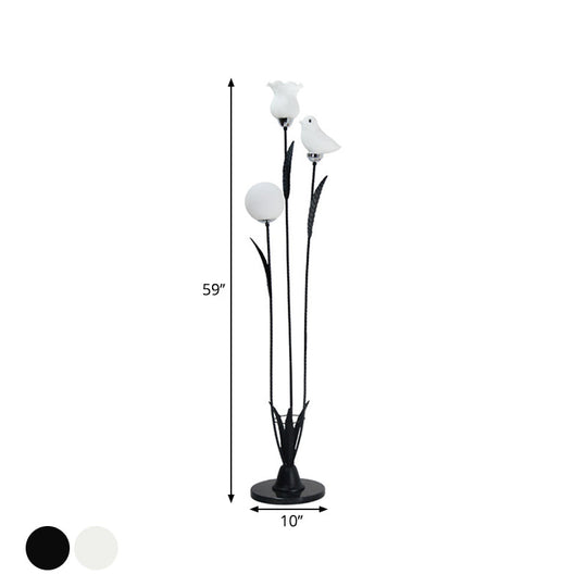 Contemporary 3-Bulb Tree Floor Light with Black/White Stand-Up Lamp and Cream Glass Shade